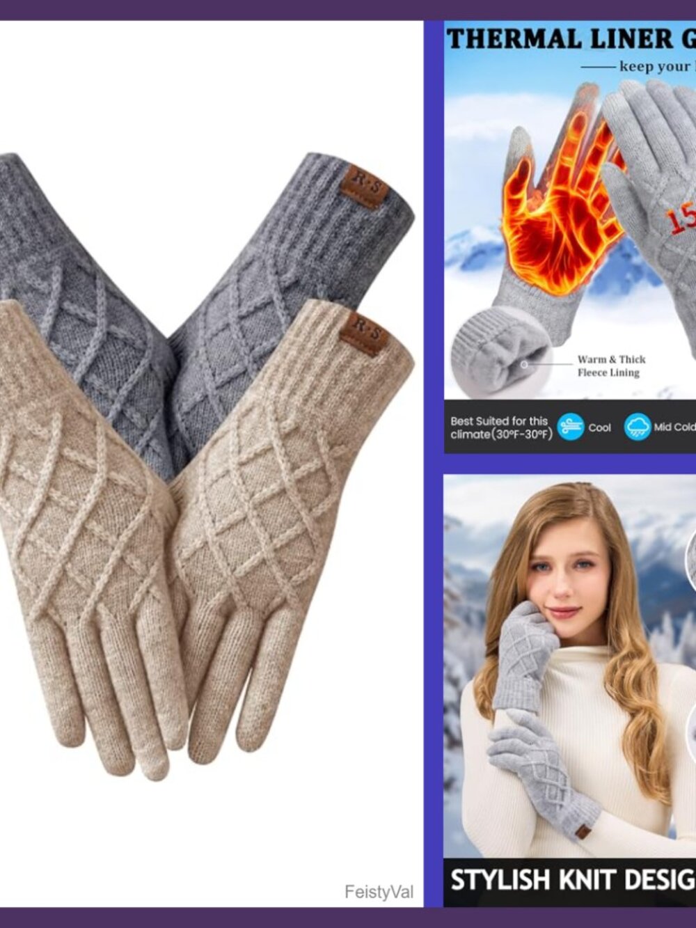 Winter Gloves Women Touchscreen Thermal Knit Acrylic Lined Warm Cold Weather